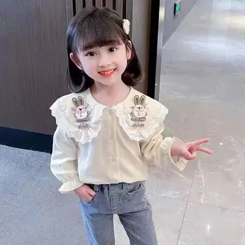 Рубашка для девочек 2023 Весна и осень, новая детская Корейская модная кружевная рубашка с длинными рукавами в стиле принцессы, детская хлопковая нижняя рубашка 1