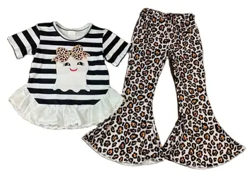 Самая модная Детская одежда, модный костюм для девочек, Оптовая Продажа, Леопардовый принт, расклешенные брюки, Бутик костюмов для девочек на Хэллоуин, комплекты для девочек 11