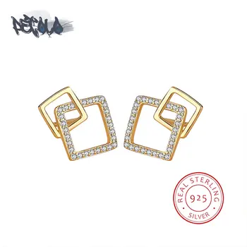 Серьги из стерлингового серебра S925 для женщин, Элегантные квадратные геометрические серебряные серьги, серебряные серьги с белым цирконием, классические серьги 2