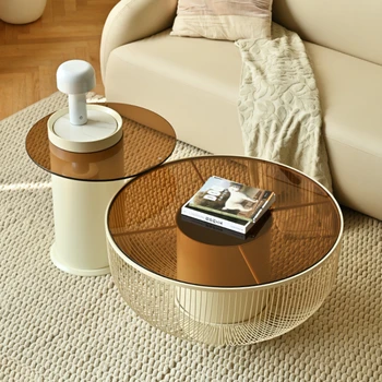 Скандинавский маленький круглый журнальный столик для гостиной дома из закаленного стекла простая дизайнерская комбинация дивана и приставного столика из кованого железа