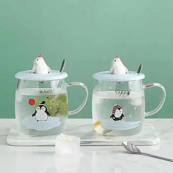 Стеклянная кружка с 3D крышкой в виде Пингвина с ложкой, чашка для питья, милые кружки, Кофейные чашки, чашки для чая, Стаканы для напитков, Кружки Бесплатная доставка 1