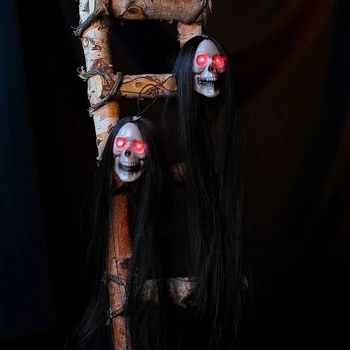 Страшный Хэллоуин, Висящий Призрачный череп с длинными волосами, светящиеся глаза, украшение для вечеринки в честь Хэллоуина, Сад, Дом с привидениями, Скелет, реквизит 5