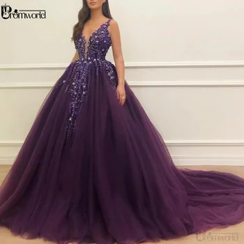 Темно-фиолетовое бальное платье без рукавов с кристаллами, расшитое бисером, платья для выпускного вечера, Vestidos De Gala, длинное платье для выпускного вечера с глубоким V-образным вырезом 11