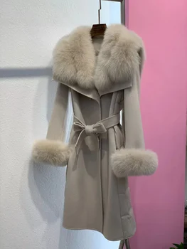Теплое шерстяное пальто на гусином пуху для женщин в русском стиле, женская толстая шерстяная парка с воротником из натурального лисьего меха и манжетами, подпоясанная поясом, верхняя одежда LY913 15
