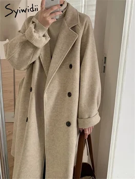 Шерстяное пальто Syiwidii с отложным воротником, женская осень-Зима 2023, Новая модная свободная куртка с длинным рукавом, повседневные двубортные пальто. 3