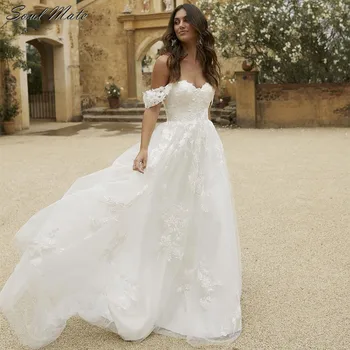 Элегантные свадебные платья трапециевидной формы с открытыми плечами, халаты для невесты, кружевное тюлевое пляжное свадебное платье с открытой спиной, Vestido De Novia 5