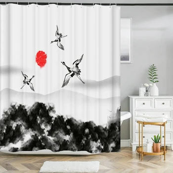Японский пейзаж Бамбуковые растения Птицы Занавески для душа Занавеска для ванной комнаты из износостойкого полиэстера Крючки для штор для ванной комнаты 7